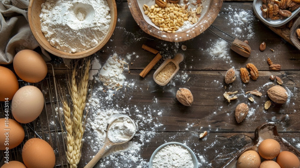 Baking ingredients on a rustic kitchen surface Baking ingredients on a rustic kitchen surface