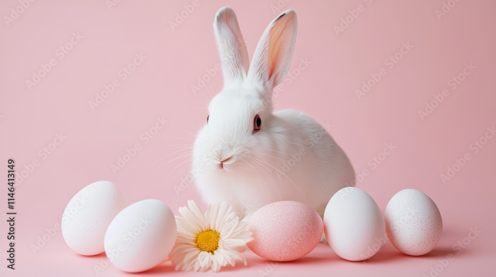 A charming white rabbit rests beside colorful eggs and a vibrant flower, embodying the joyful spirit of Easter celebrations. A charming white rabbit rests beside colorful eggs and a vibrant flower, embodying the joyful spirit of Easter celebrations.