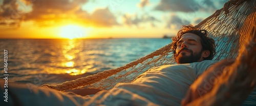 Serene Sunset Relaxation Man Napping in Hammock by the Ocean
