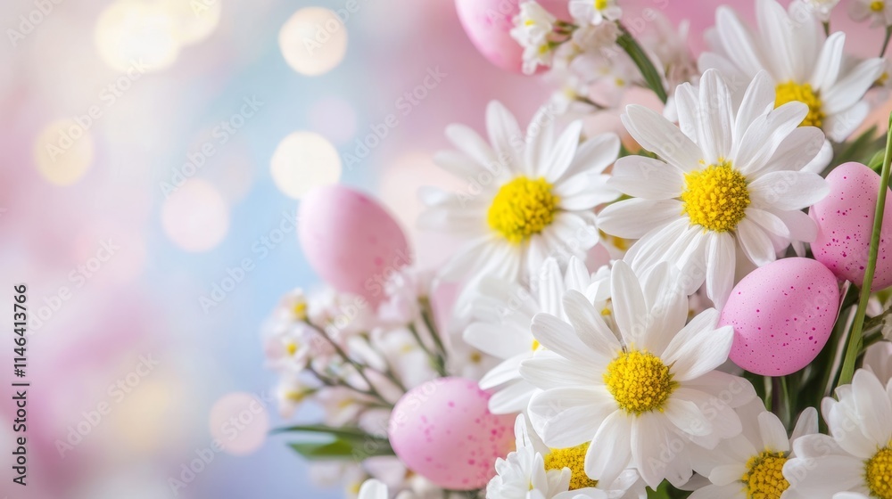 Obraz premium A beautiful arrangement of white and pink flowers intertwined with colorful Easter eggs, symbolizing the joy and renewal of the Easter season.