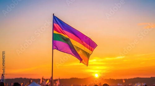 A brightly colored Glastonbury Festival flag in front of a sunset, with festival-goers in the distance photo