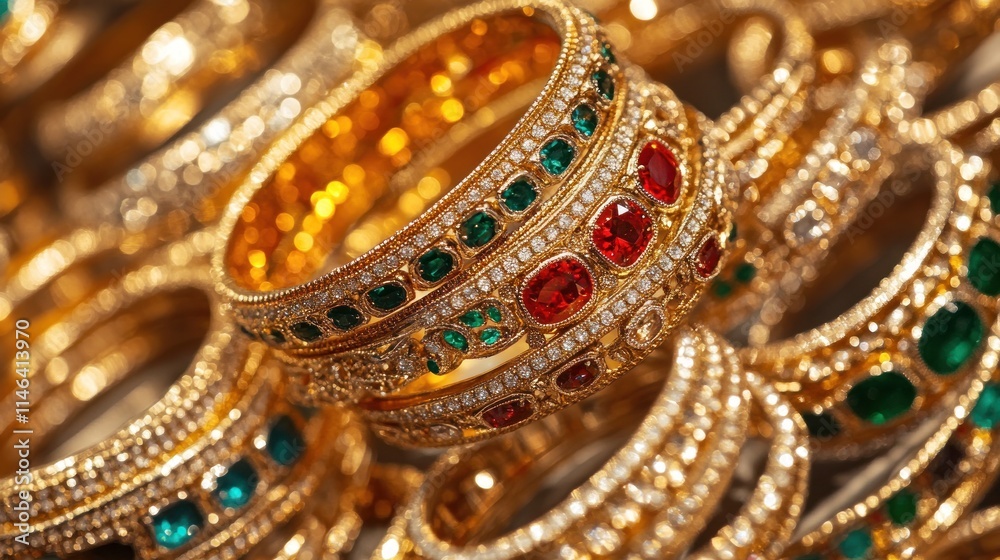 Obraz premium Close-up of luxurious gold bangles adorned with emeralds and rubies.