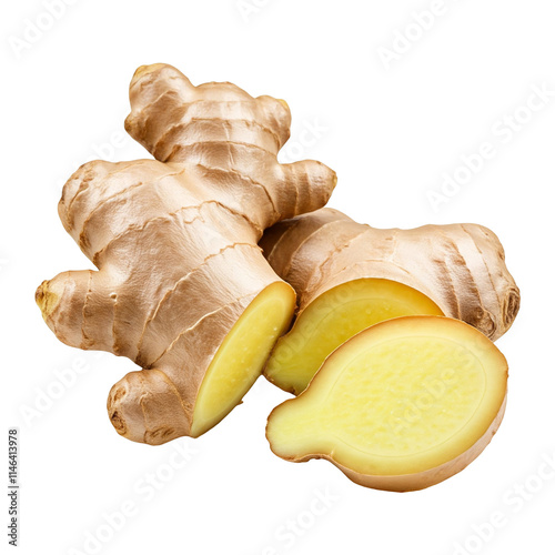 A whole ginger root with a piece sliced off