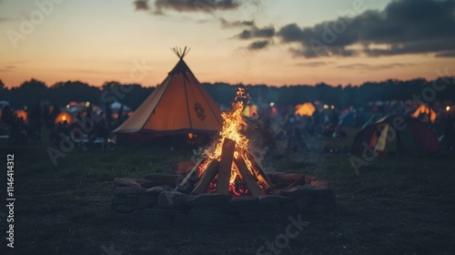 A campfire surrounded by festival-goers at Glastonbury, with tents and the festival vibes in the background photo