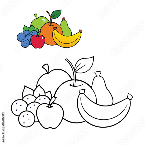 A vibrant coloring page featuring a variety of colorful fruits like apples, bananas, grapes, and oranges. Perfect for kids to explore creativity and learn about fruits!