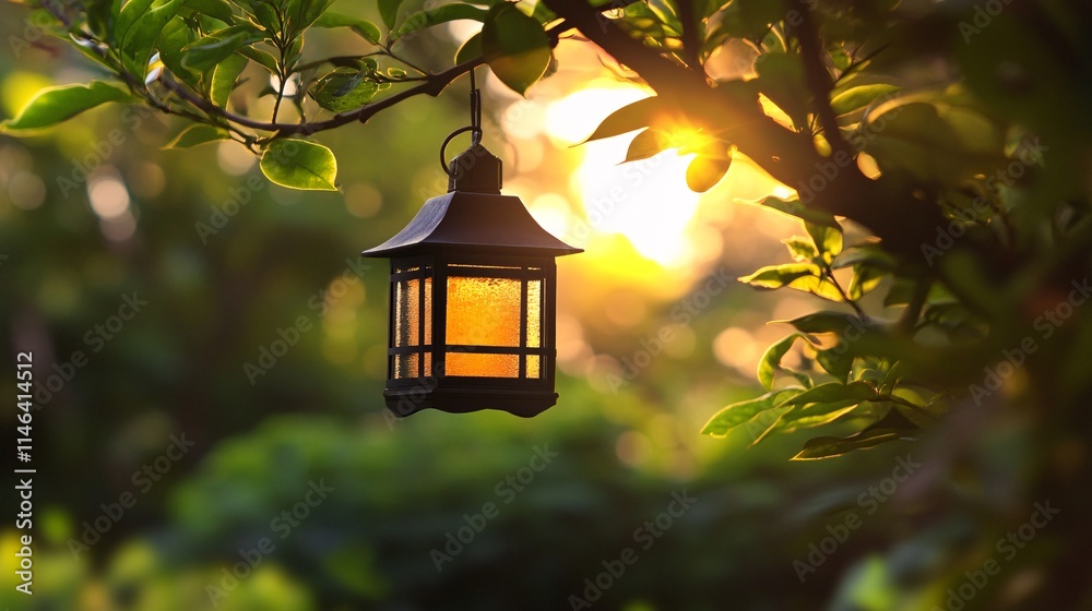 Japanese lantern hanging from tree branch at sunset Japanese lantern hanging from tree branch at sunset