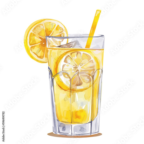 A watercolor clipart of a glass of iced lemonade, isolated on a white background. Iced lemonade vector.
