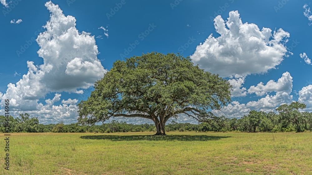 Obraz premium Beautiful Oak Tree in a Green Grassy Field with Blue Sky: Tranquil Nature Landscape, Outdoor Recreation, Environmental Beauty, Rural Tourism Concept