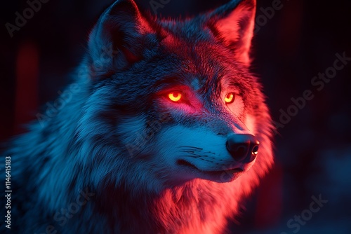 Close-up of a mystical wolf illuminated by vibrant neon lights. photo