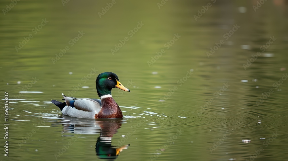 Mallard duck swimming peacefully in a serene pond surrounded by greenery during a sunny day Mallard duck swimming peacefully in a serene pond surrounded by greenery during a sunny day