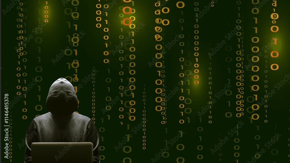 Silhouette noire décalée sur la gauche du cybercriminel devant son écran d'ordinateur portable sur fond de données binaires or