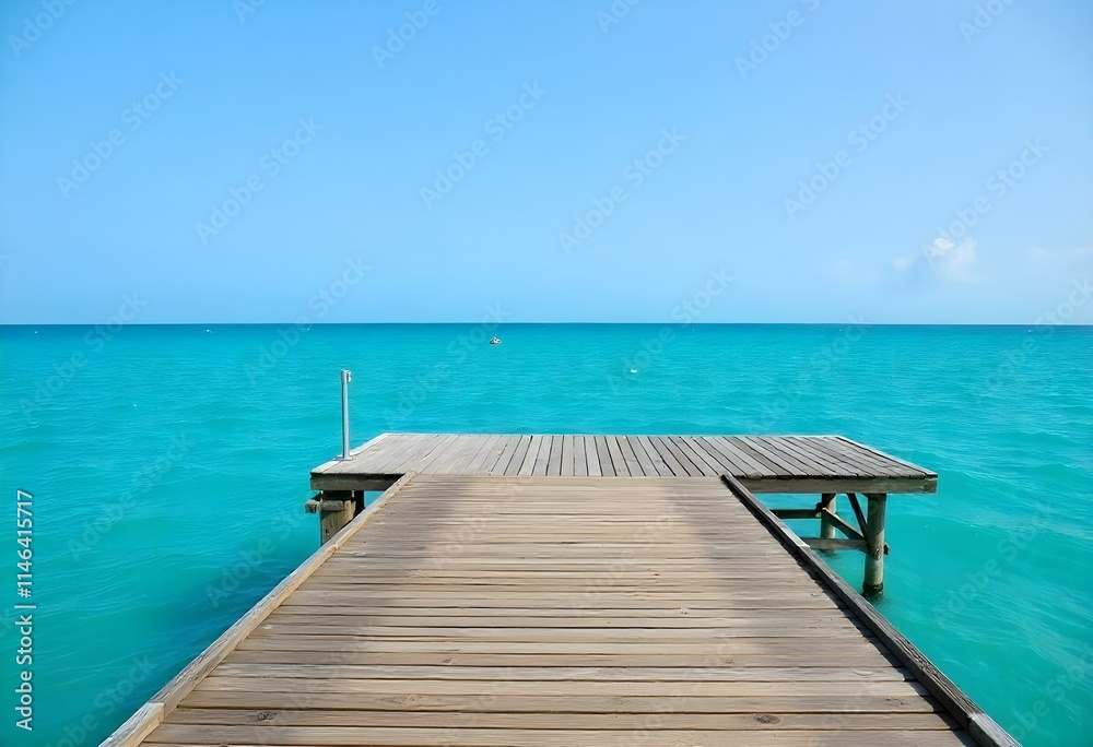 A wooden dock or pier overlooking a calm, turquoise ocean with a clear blue sky in the background A wooden dock or pier overlooking a calm, turquoise ocean with a clear blue sky in the background