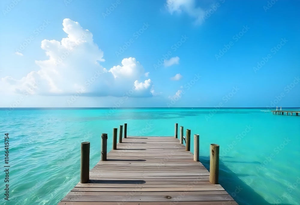 A wooden dock or pier overlooking a calm, turquoise ocean with a clear blue sky in the background A wooden dock or pier overlooking a calm, turquoise ocean with a clear blue sky in the background