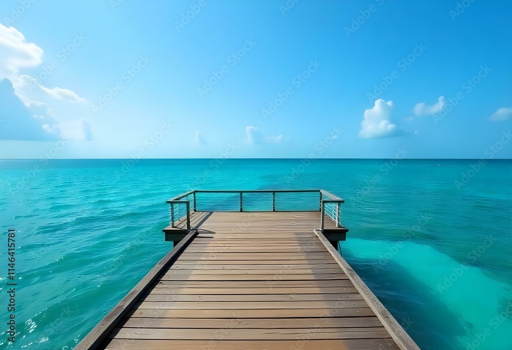 A wooden dock or pier overlooking a calm, turquoise ocean with a clear blue sky in the background A wooden dock or pier overlooking a calm, turquoise ocean with a clear blue sky in the background