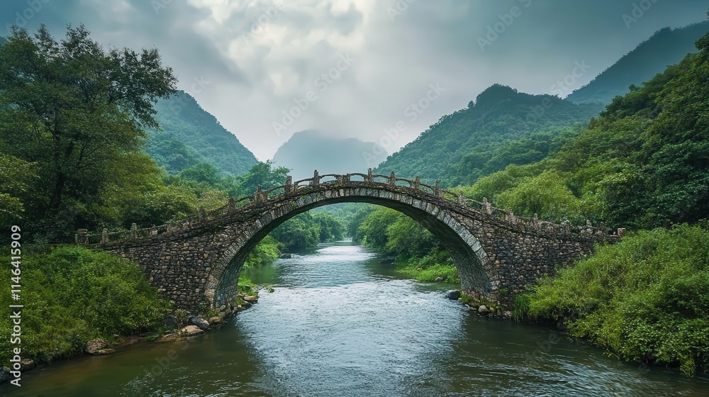 The ancient stone rice bridge arches over a flowing river, connecting two mountain ridges. Surrounded by thick, green forests The ancient stone rice bridge arches over a flowing river, connecting two mountain ridges. Surrounded by thick, green forests