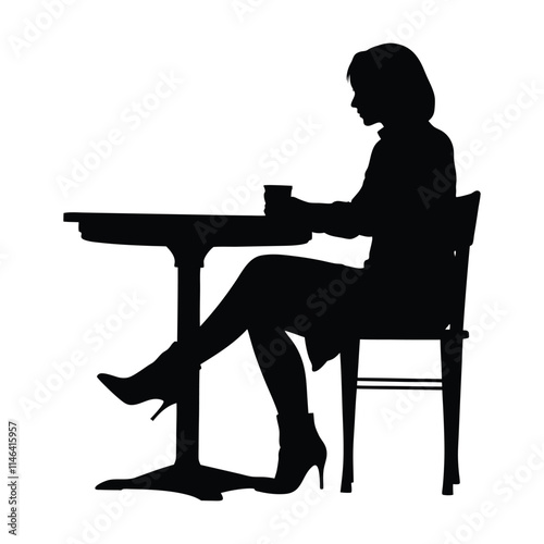 A lady sitting in cafe silhouette isolated on a white background
