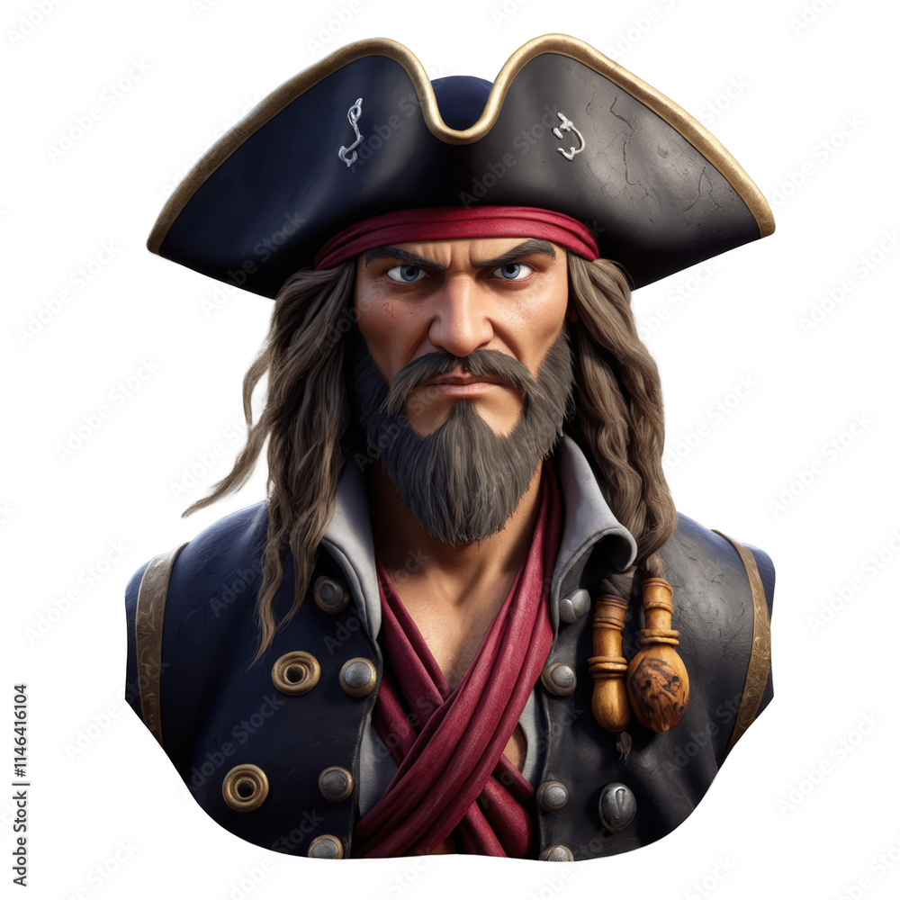 Detailed cartoon pirate portrait featuring a fierce expression and classic attire isolated on a plain background