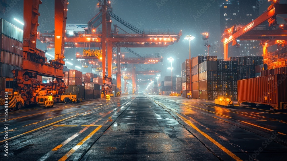 Fototapeta premium A nighttime view of a busy shipping yard, illuminated by industrial lights, showcasing cranes and shipping containers along a wet, reflective road.