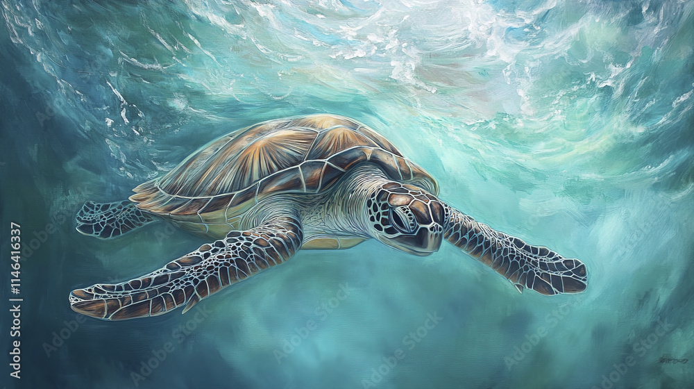 Fototapeta premium Majestic sea turtle gliding through turquoise water, showcasing beauty and grace