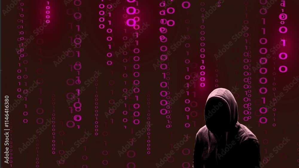 Silhouette rose décalée sur la droite du cybercriminel inquiétant sur fond de données binaires rose