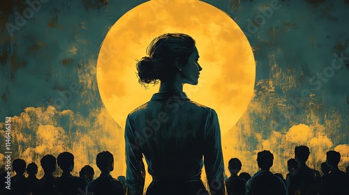 Woman Stands Tall Before A Crowd Underneath A Large Moon