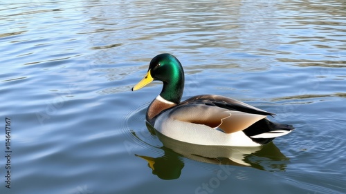 Mallard duck swims gracefully on calm water in a serene park setting during midday