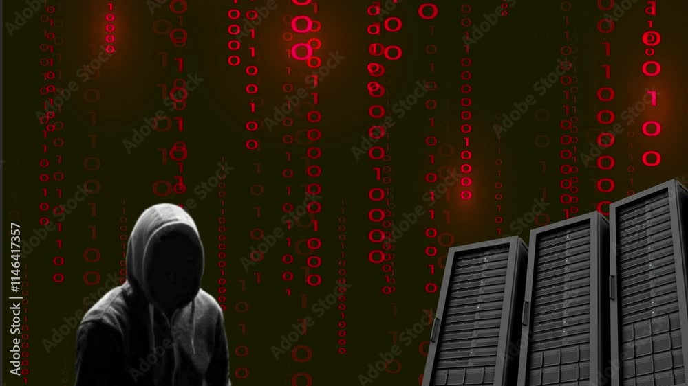 Silhouette noire décalée sur la gauche du cybercriminel s'attaquant à des serveurs sur fond de données binaires rouge