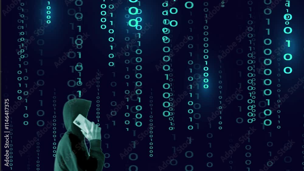 Harcèlement : Silhouette bleue du cybercriminel avec un smartphone à la main et à l'oreille sur fond de données binaires cyan