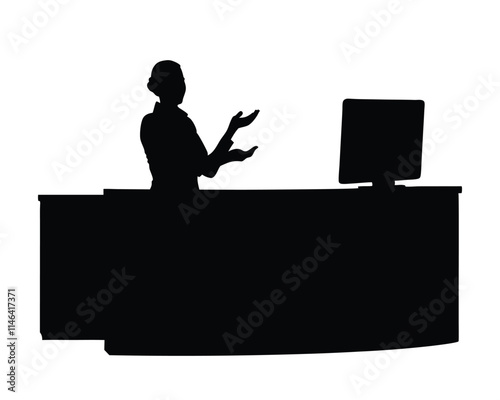 Receptionist welcoming visitors black silhouette illustration isolated on a white background