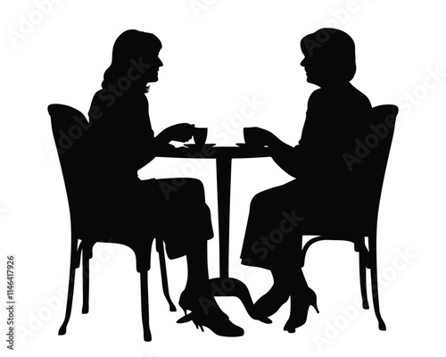 Two woman sitting in a cafe  black silhouette illustration isolated on a white background