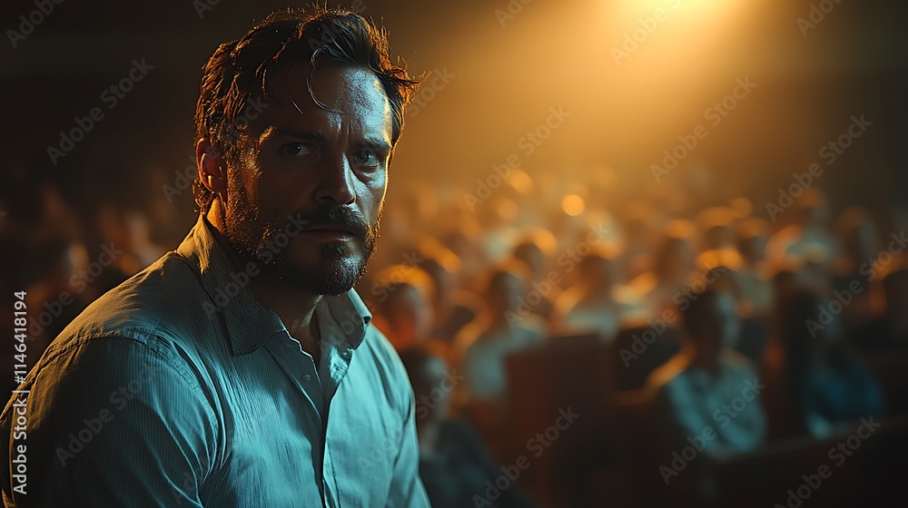 Man stares intensely in a dimly lit theater audience Man stares intensely in a dimly lit theater audience