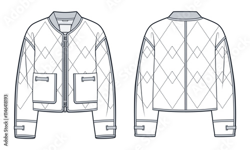 Down Jacket technical fashion Illustration. Bomber Jacket fashion flat technical drawing template, pockets, zipper, eyelets hole, quilted, front and back view, white, women, men, unisex CAD mockup.