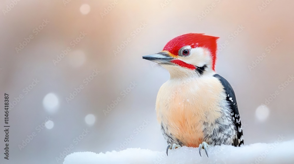 Red-headed woodpecker perched on snow.
