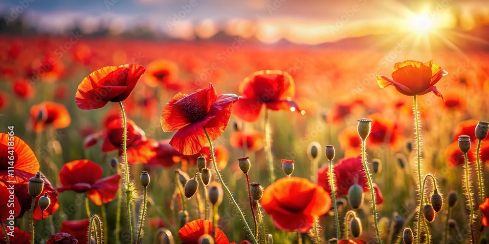 Fototapeta premium Aerial View Red Poppy Field, Drone Photography, Blooming Poppies, Summer Flowers, Landscape Photography, Wildflowers, Nature Photography, Red Flower Field