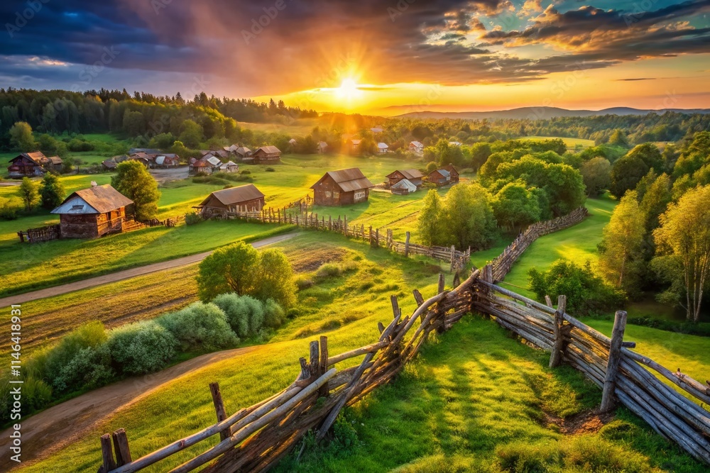 Naklejka premium Aerial View Russian Summer Village Old Wooden Fence - Drone Photography Stock Image