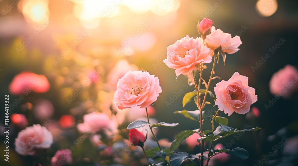 Obraz premium Pink roses blooming in warm sunset light