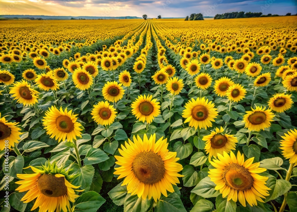 Obraz premium Aerial View Sunflowers White Background, High-Angle Sunflower Field Photography, Drone Sunflower Image, White Background Sunflower Pictures