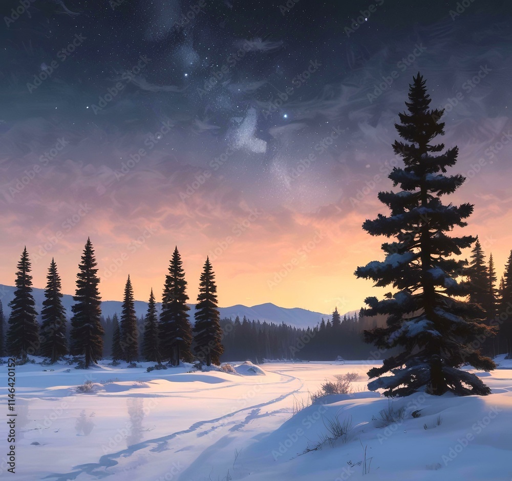 Fototapeta premium Illustration of winter landscape.