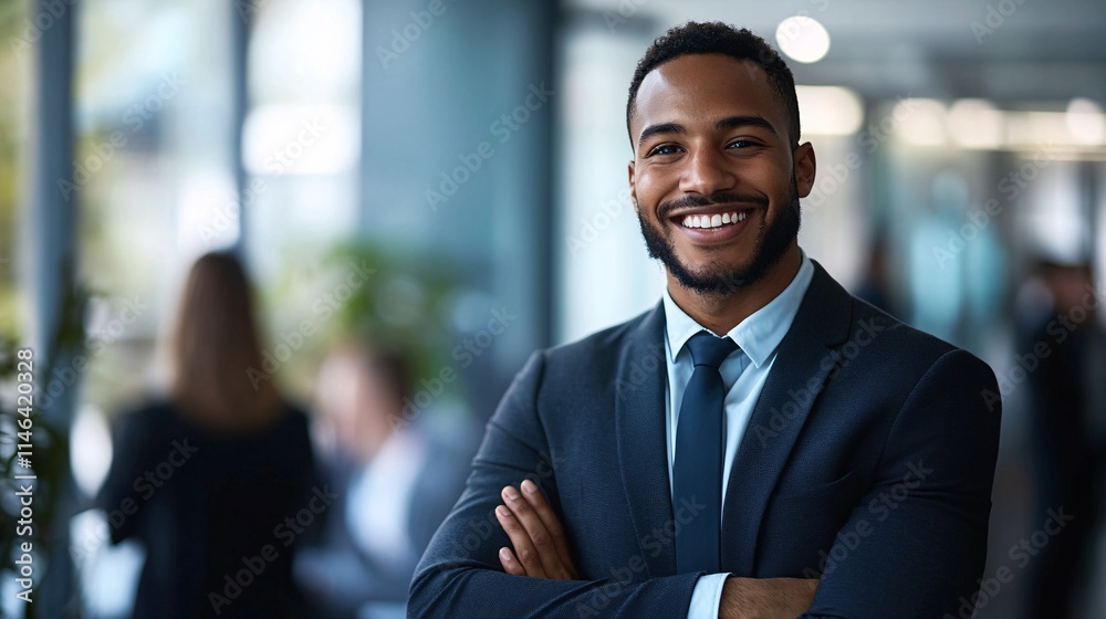 Confident businessman smiling with folded arms in office lobby