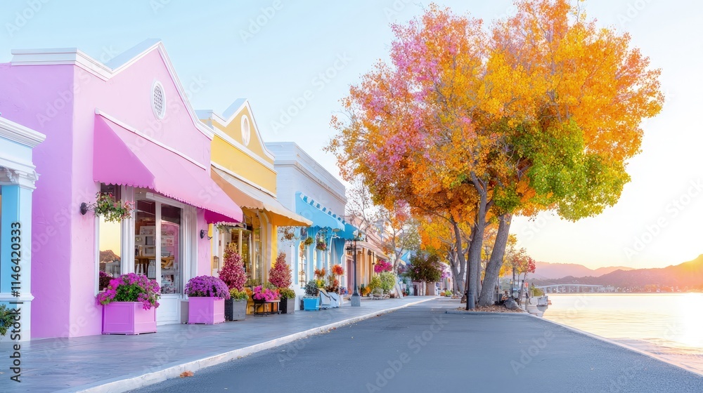 Obraz premium Pastel colored storefronts line a quiet lakeside street next to autumn trees under a clear sky.