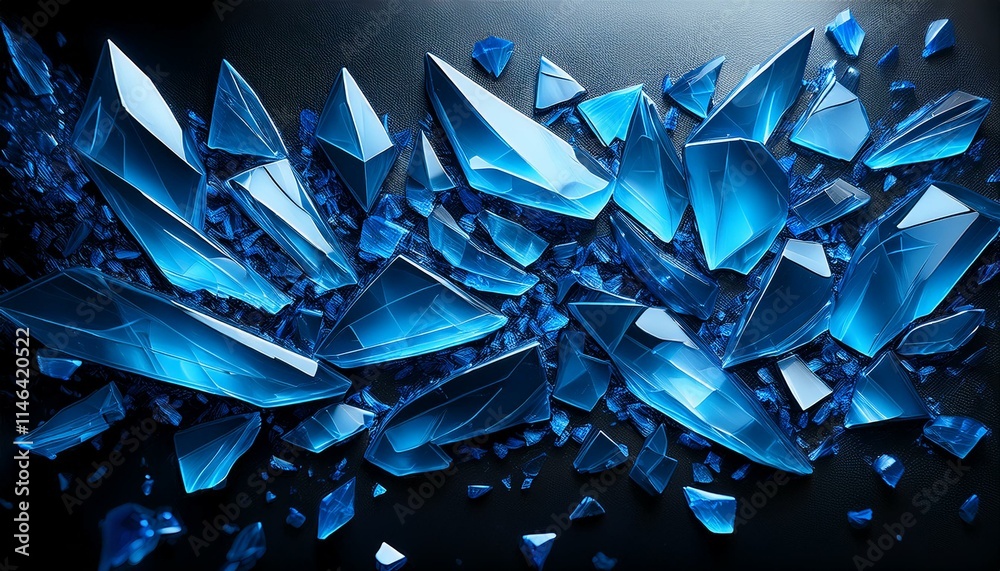 動きのある青いガラスの破片、スタイリッシュなアクセント、イラスト風に仕上げる、黒めの背景画像 Generated by AI 動きのある青いガラスの破片、スタイリッシュなアクセント、イラスト風に仕上げる、黒めの背景画像 Generated by AI