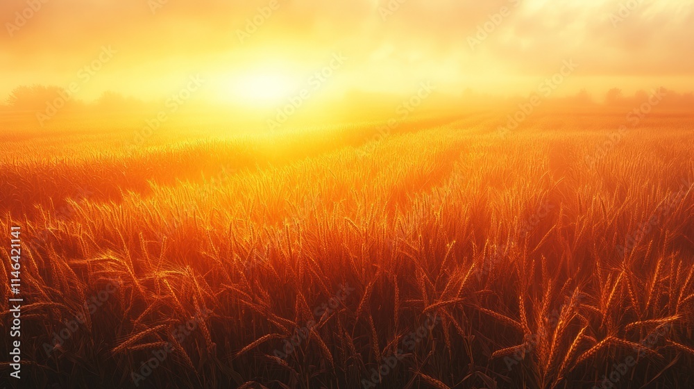 Golden wheat field at sunrise, misty morning landscape. Golden wheat field at sunrise, misty morning landscape.