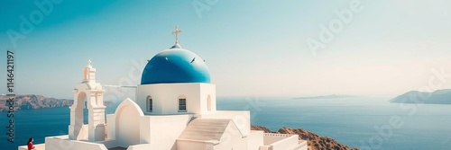 A beautiful white church with blue dome in Emporio, Santorini, Greece, church, holiday photo