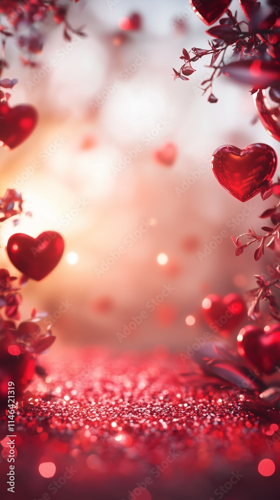 Vertical frame with red hearts. Copy space. Photorealistic nature, blurred background. Glitters and bokeh. Valentine's day, love concept. Generative AI Vertical frame with red hearts. Copy space. Photorealistic nature, blurred background. Glitters and bokeh. Valentine's day, love concept. Generative AI