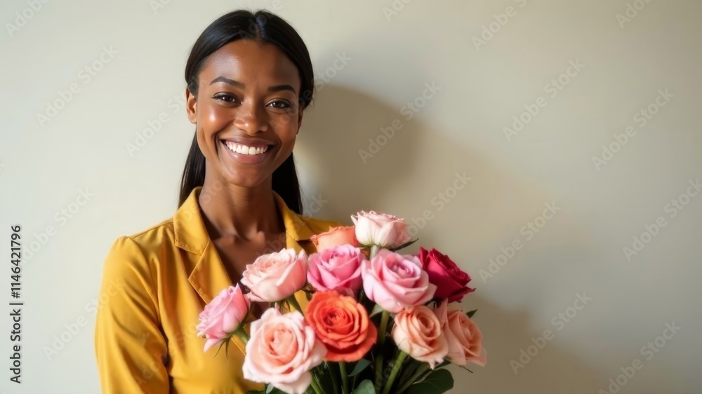 Beautiful African American woman smiling at camera holding bouquet of flowers near light wall
