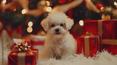 Christmas Dog. A purebred Bichon Frise puppy smiles as she poses for her Christmas Photo under a Christmas Tree with Wrapped Gifts. Christmas Puppy. Small white dog. Animals and Wildlife. Holidays photo