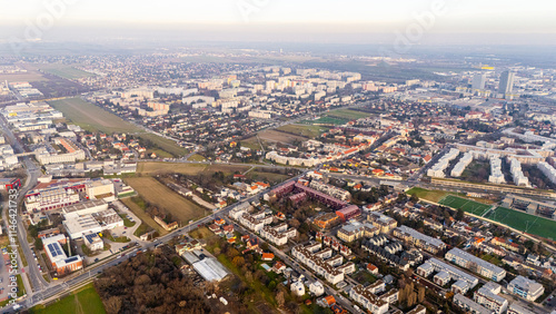 Austria, Vienna: Top Aerial View of Quiet Residential Areas in Districts 21 and 22. A peaceful perspective showcasing the serene neighborhoods of the Austrian capital