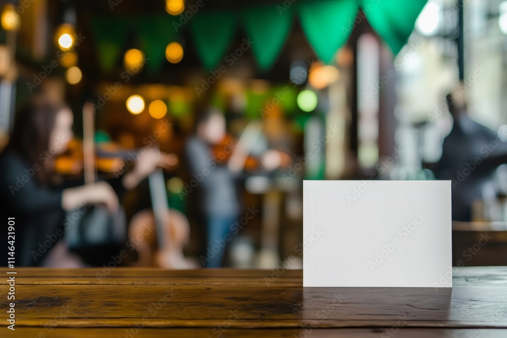 White blank sign displayed on wooden table with musicians playing violins in blurred background for irish st. Patrick's day celebrations White blank sign displayed on wooden table with musicians playing violins in blurred background for irish st. Patrick's day celebrations