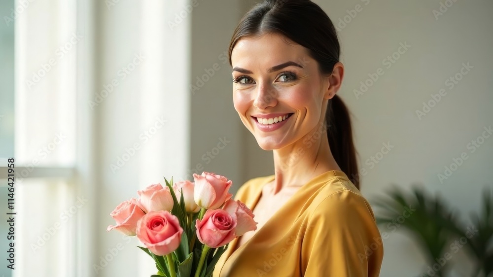girl smiling at camera holding bouquet of flowers girl smiling at camera holding bouquet of flowers