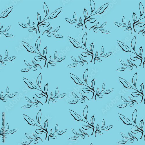seamless pattern, flower, flower outline, plant, black and white illustration.